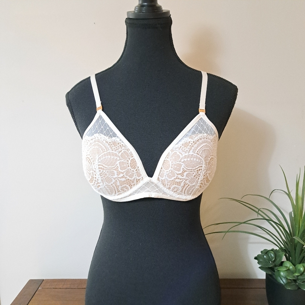Aerie Lace Bra Beige Size 34C Wirefree Feminine Floral Pretty Whimsy